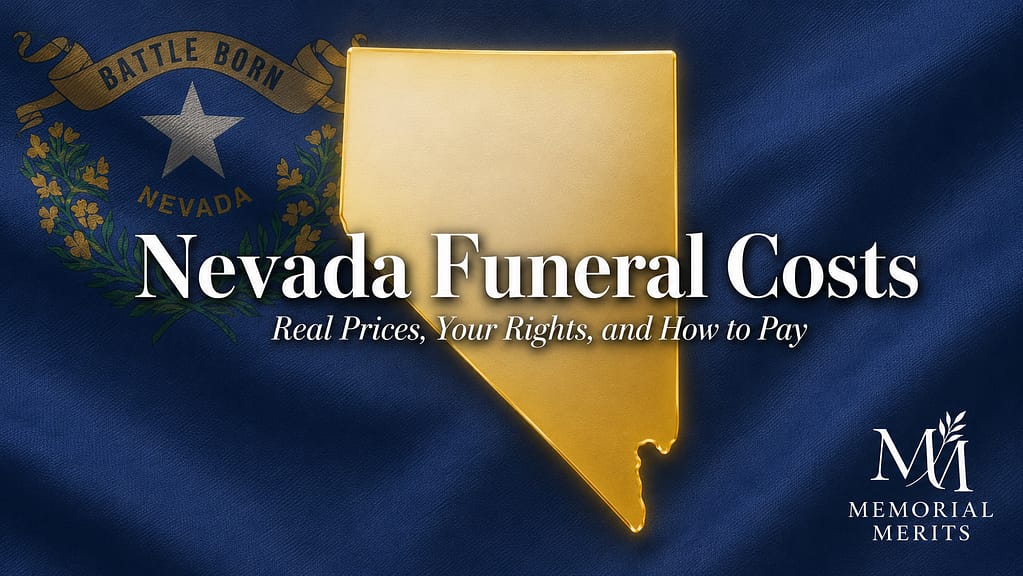 Gold outline of Nevada over the state flag with the title Nevada Funeral Costs and the subtitle Real Prices, Your Rights, and How to Pay