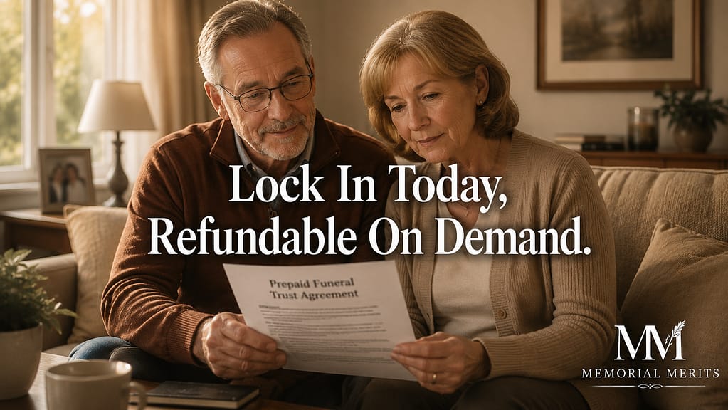 Older couple reviewing a New Jersey prepaid funeral trust agreement together on a sofa in warm light
