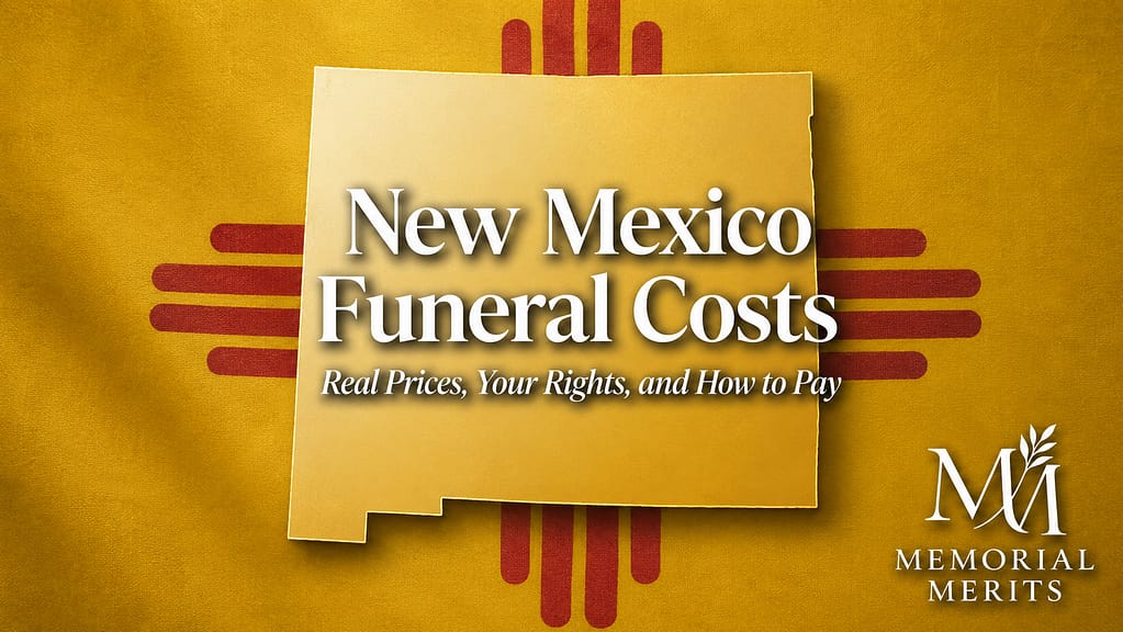 Gold outline of New Mexico over the state flag with the title New Mexico Funeral Costs and the subtitle Real Prices, Your Rights, and How to Pay