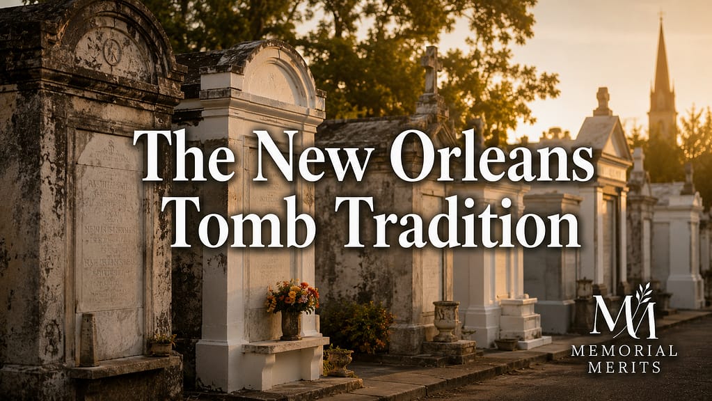 Row of historic New Orleans above-ground family tombs in warm golden-hour light, the Louisiana tomb burial tradition
