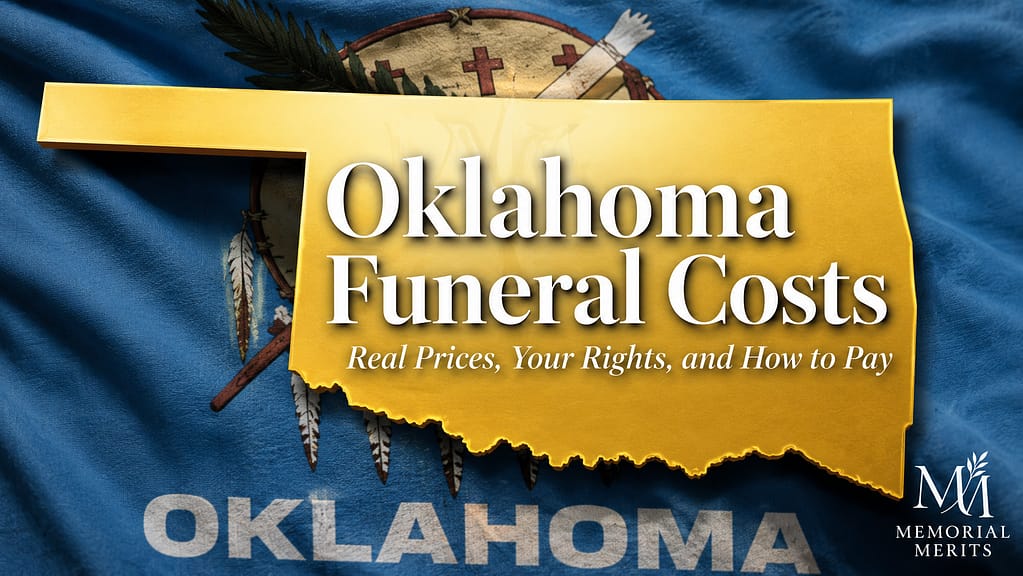 Gold outline of the state of Oklahoma over the Oklahoma flag with the title Oklahoma Funeral Costs, Real Prices, Your Rights, and How to Pay