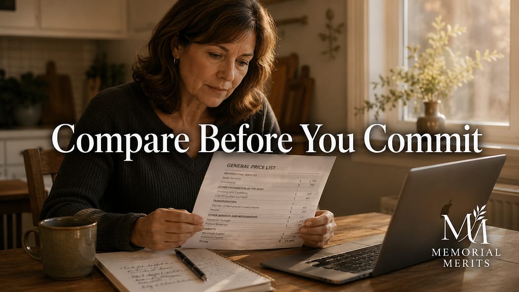 Person at a kitchen table comparing a printed funeral price list against a laptop in warm window light
