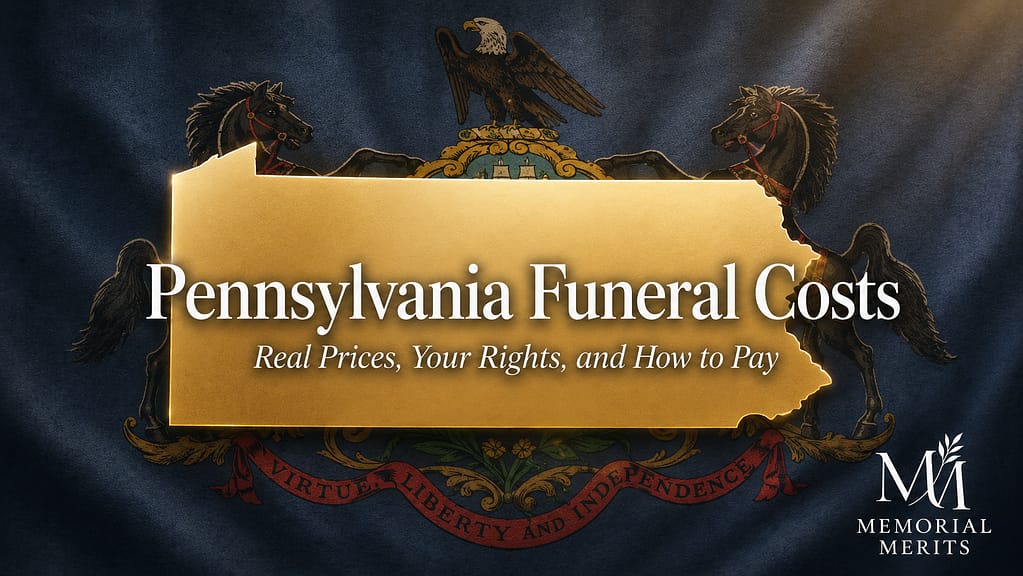 Pennsylvania state outline in gold over the state flag with the title Pennsylvania Funeral Costs and the subtitle Real Prices, Your Rights, and How to Pay
