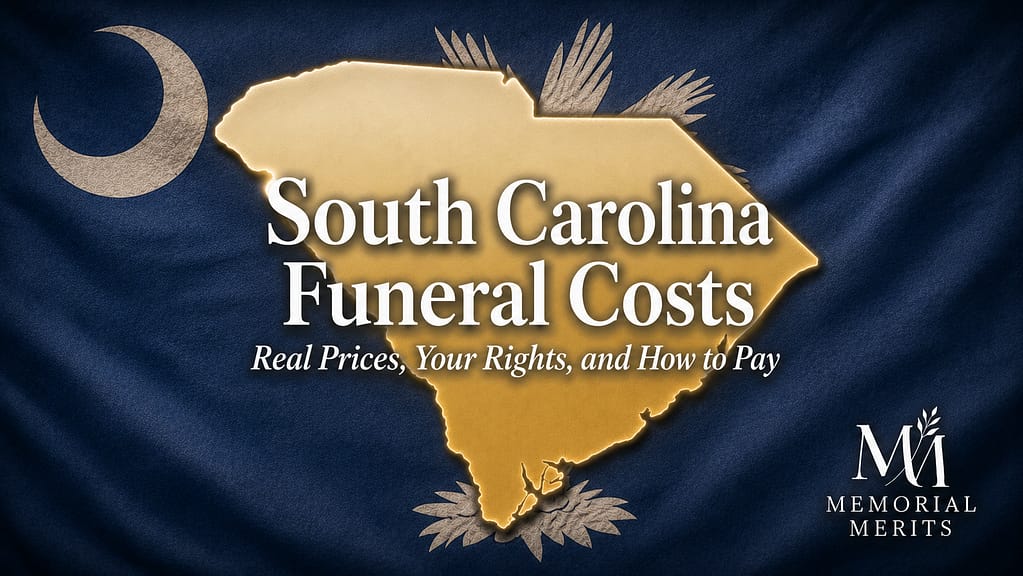South Carolina state outline in gold over the palmetto and crescent flag, with the title South Carolina Funeral Costs and the subtitle Real Prices, Your Rights, and How to Pay