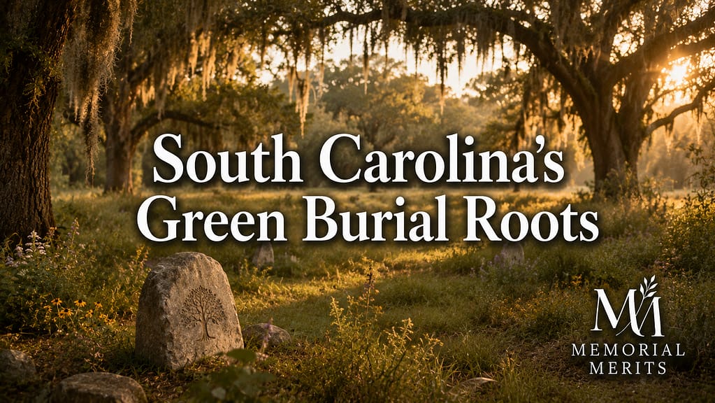 Lowcountry natural burial ground with live oaks and Spanish moss at golden hour, a simple fieldstone marker in a grassy clearing, context for South Carolina green burial