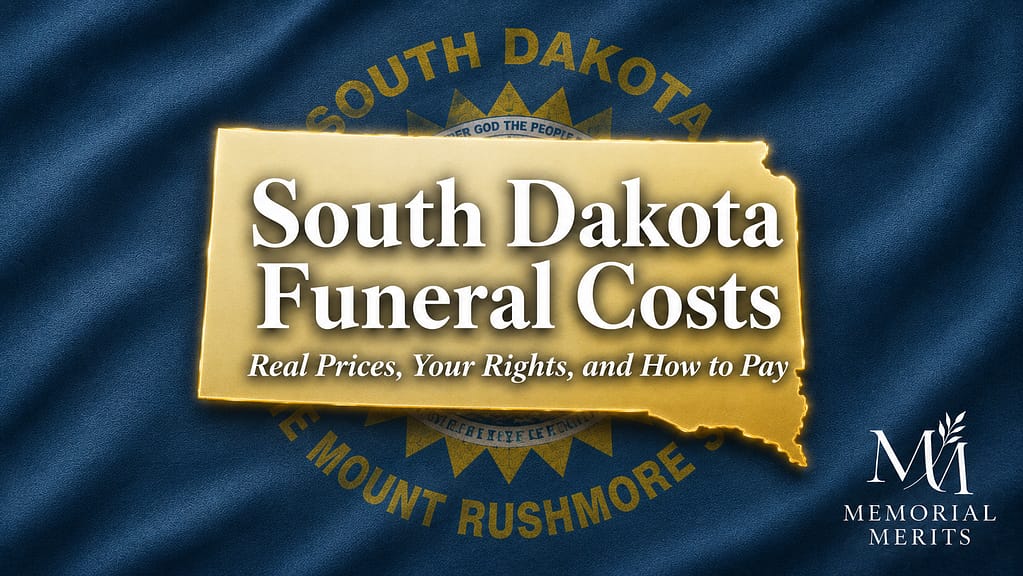Gold South Dakota state outline over the state flag with the title South Dakota Funeral Costs and subtitle Real Prices, Your Rights, and How to Pay