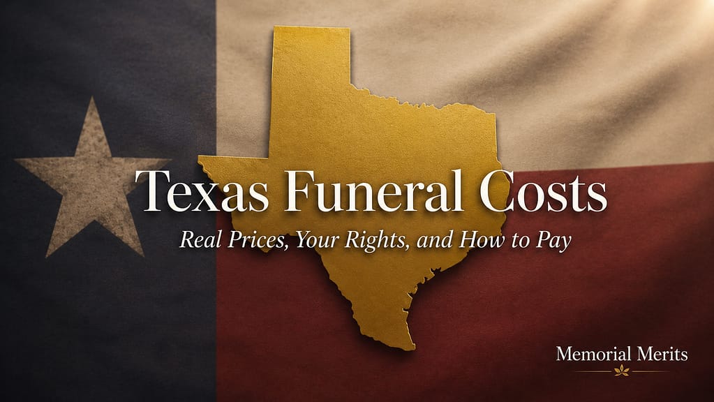 Gold silhouette of Texas over a softly muted Texas state flag background, with the title Texas Funeral Costs and the line Real Prices, Your Rights, and How to Pay, and a Memorial Merits wordmark in the lower-right corner