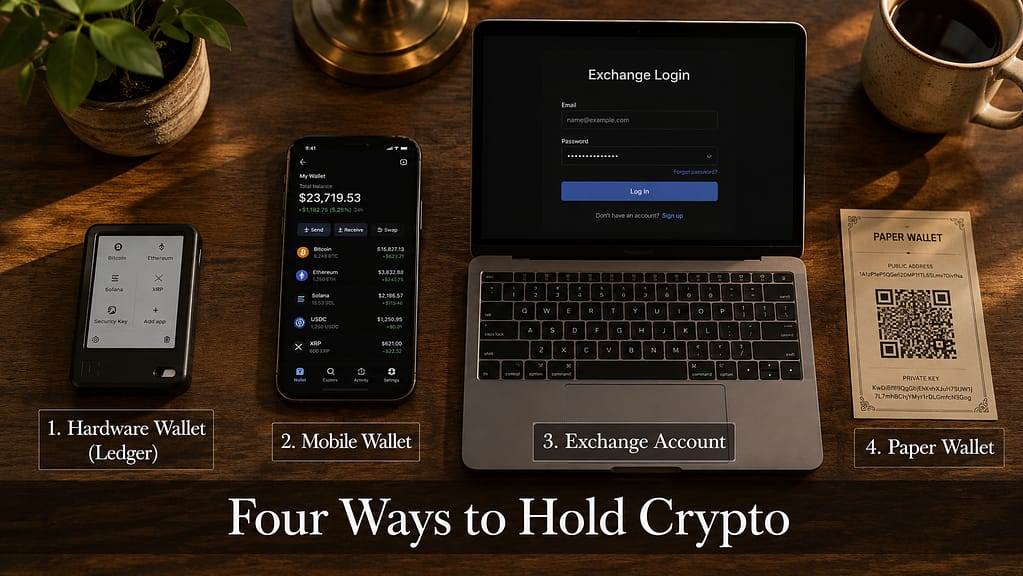 Four types of crypto wallets side by side on a desk: a Ledger hardware wallet, a phone wallet app, a laptop exchange login, and a printed paper wallet with a QR code