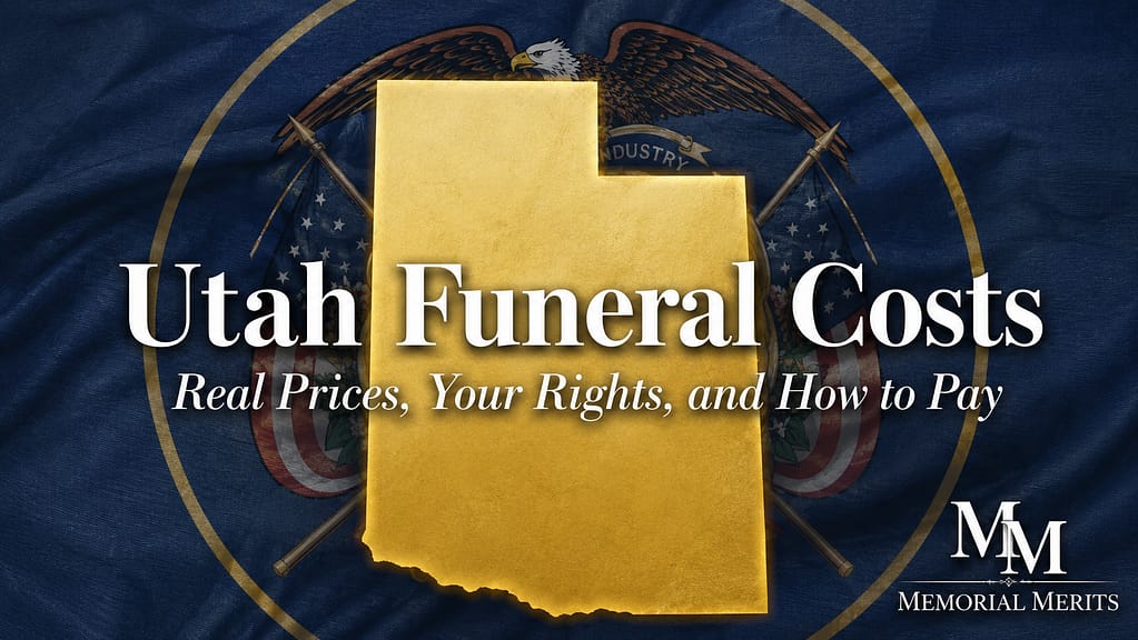 Gold outline of Utah over the state flag with the title Utah Funeral Costs and the subtitle Real Prices, Your Rights, and How to Pay
