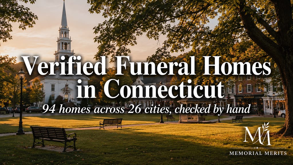 Connecticut town green with white steepled church at golden hour with the overlay Verified Funeral Homes in Connecticut