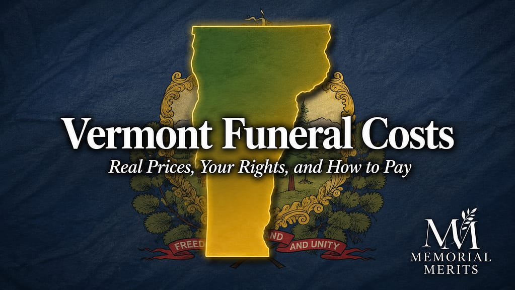 Vermont state outline in green and gold over the Vermont state flag with the title Vermont Funeral Costs and subtitle Real Prices, Your Rights, and How to Pay