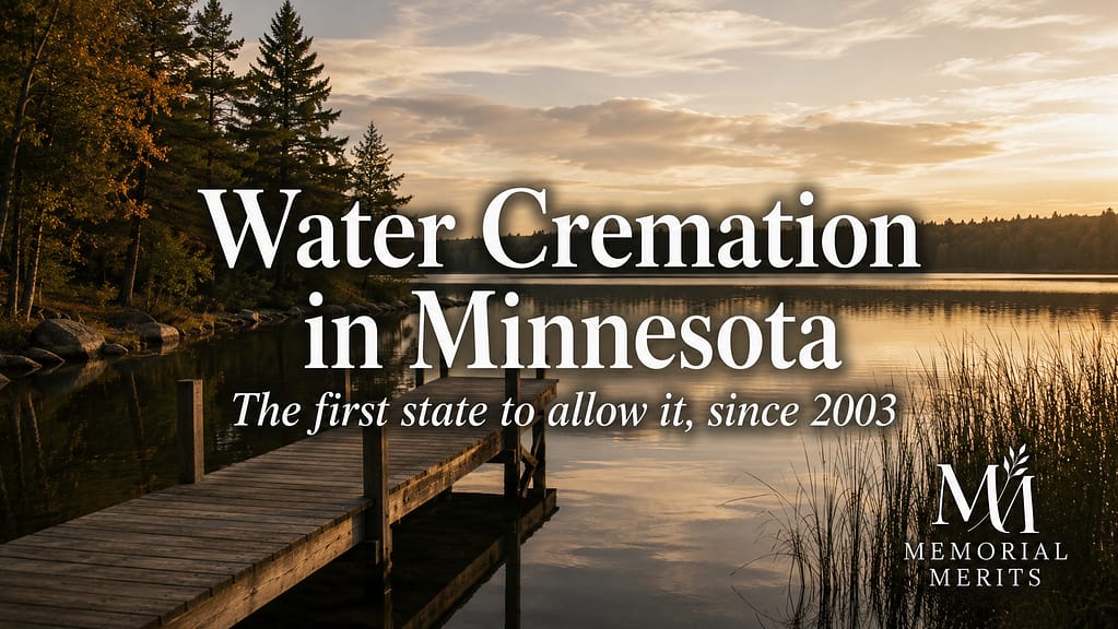 Still Minnesota lake at golden hour illustrating water cremation, legal in Minnesota since 2003