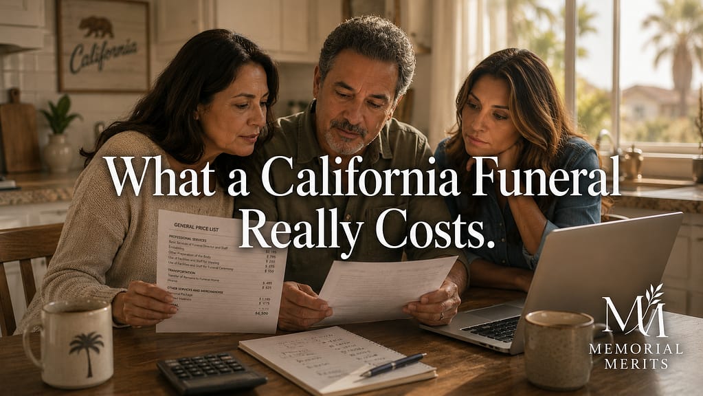 A couple at a kitchen table reviewing California funeral cost paperwork and a laptop in warm afternoon light while planning affordable arrangements.