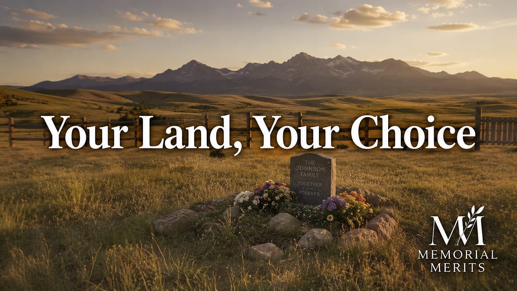 Wyoming high-plains landscape at golden hour with a small family gravesite, illustrating private-property burial rights in Wyoming