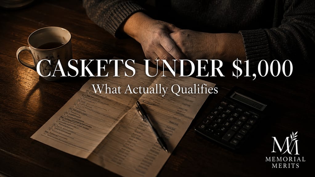 Funeral home price list with one casket line circled in pen on a kitchen table, the moment a family starts looking for a casket under $1,000