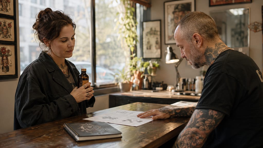 A tattoo artist reads Engrave Ink safety documentation at a shop counter while a woman holds a bottle of cremation tattoo ink, showing how families get an artist to agree to the work