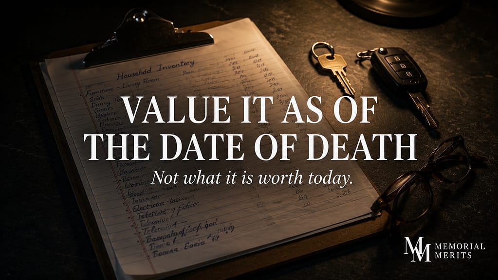 Clipboard with a handwritten estate inventory beside house and car keys, illustrating that assets are valued as of the date of death