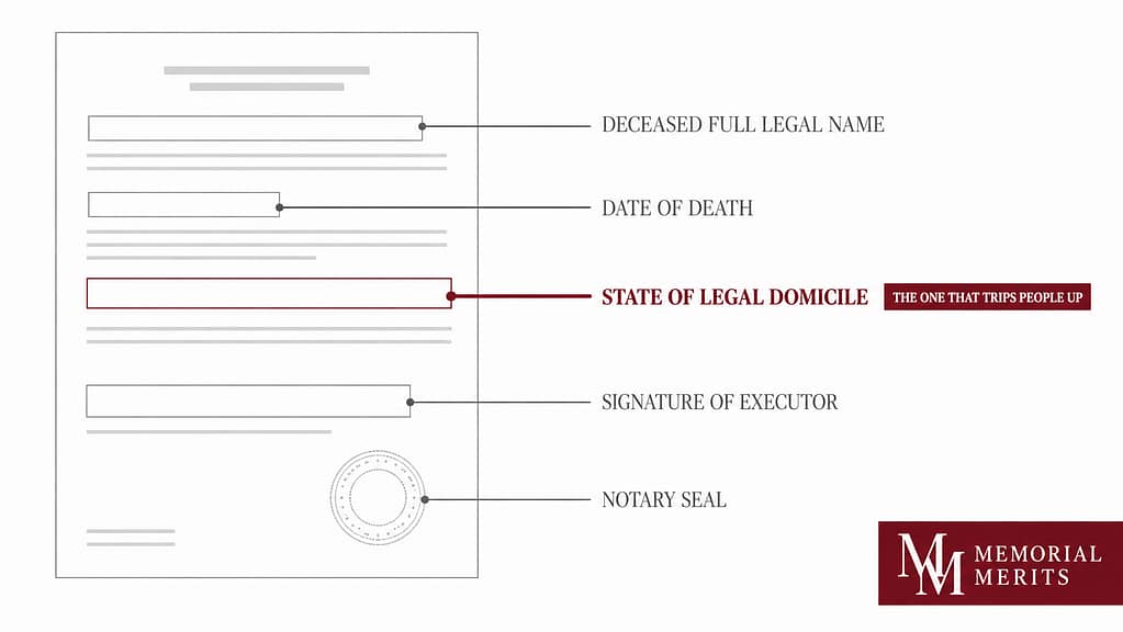 Diagram of an affidavit of domicile with its five fields labelled and the state of legal domicile field marked as the one that causes trouble