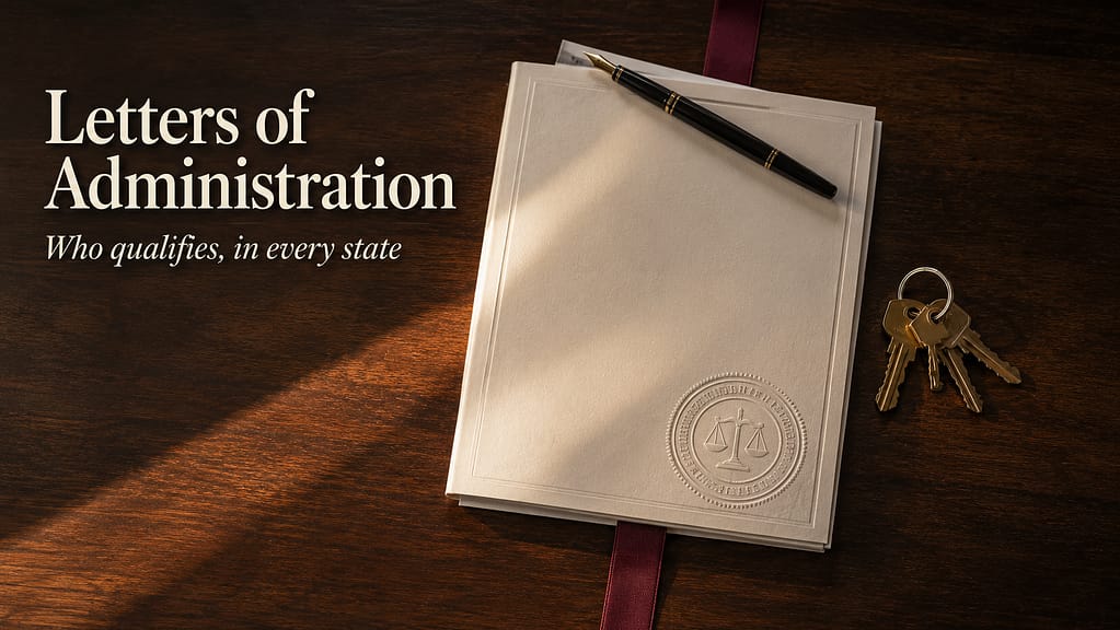 Court petition packet with an embossed seal and house keys, illustrating who qualifies for letters of administration in each state