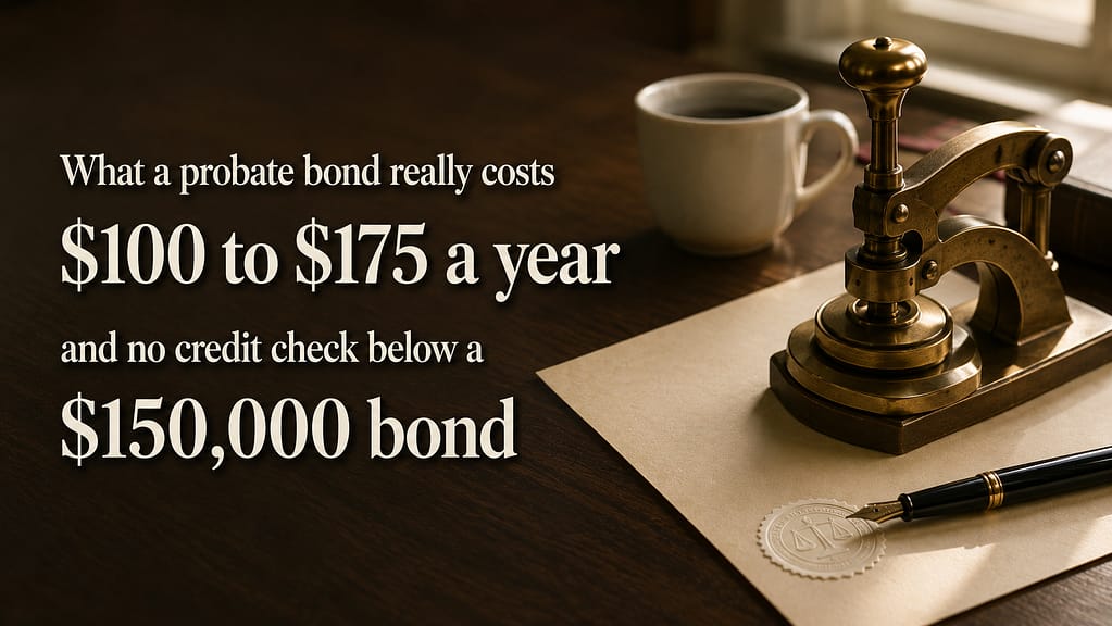 A brass court seal press and document on a desk, overlaid with the probate bond cost floor of 100 to 175 dollars a year and the 150,000 dollar no credit check threshold
