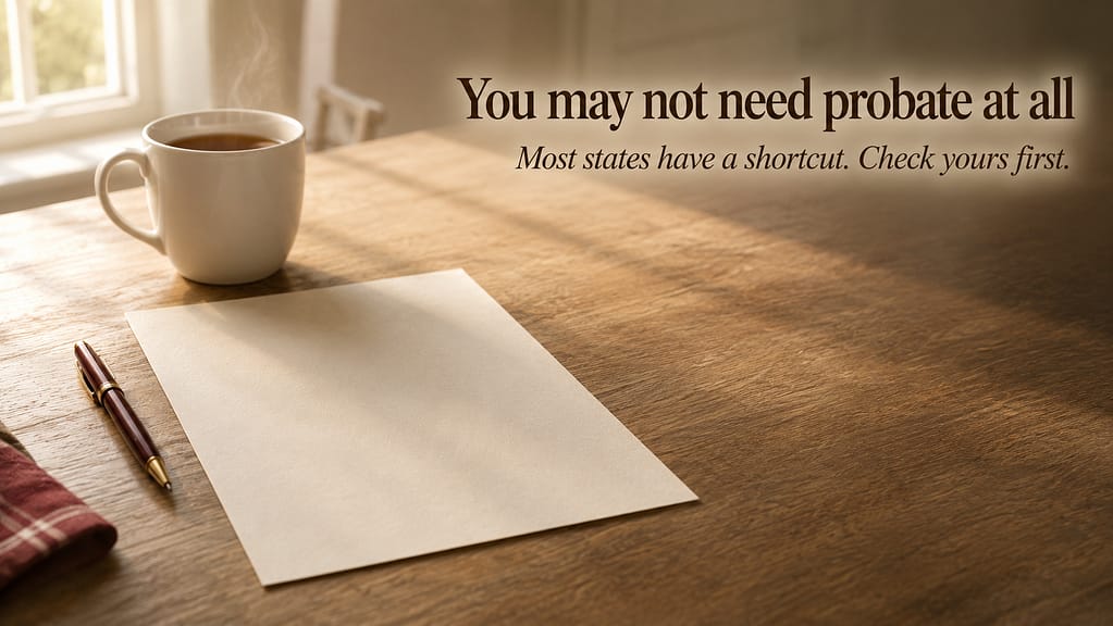 A single sheet of paper and a mug on a kitchen table in morning light, overlaid with the message that most states have a small estate shortcut that avoids probate