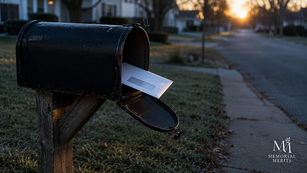 Open mailbox with a business envelope at dawn, representing the transfer agent letter asking an executor for an affidavit of domicile
