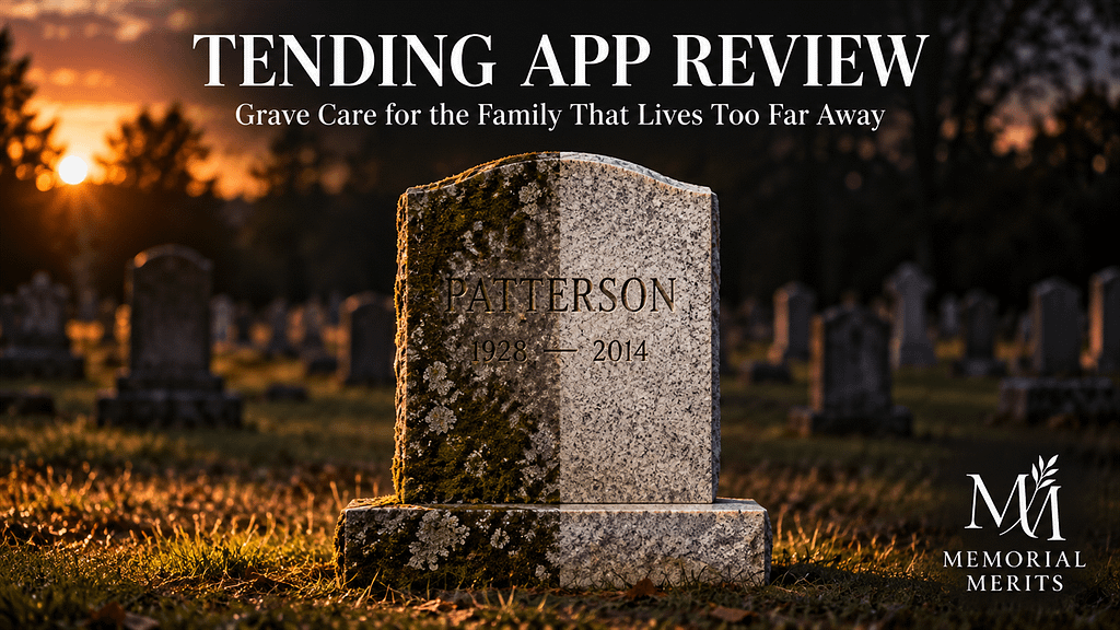 Upright granite headstone half restored by Tending's professional headstone cleaning service, the cleaned side bright beside the weathered side