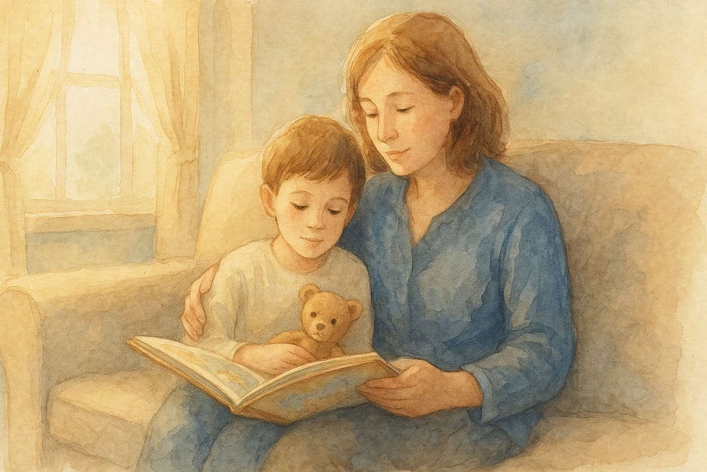 Caring adult reading with grieving child on couch, providing emotional support and comfort