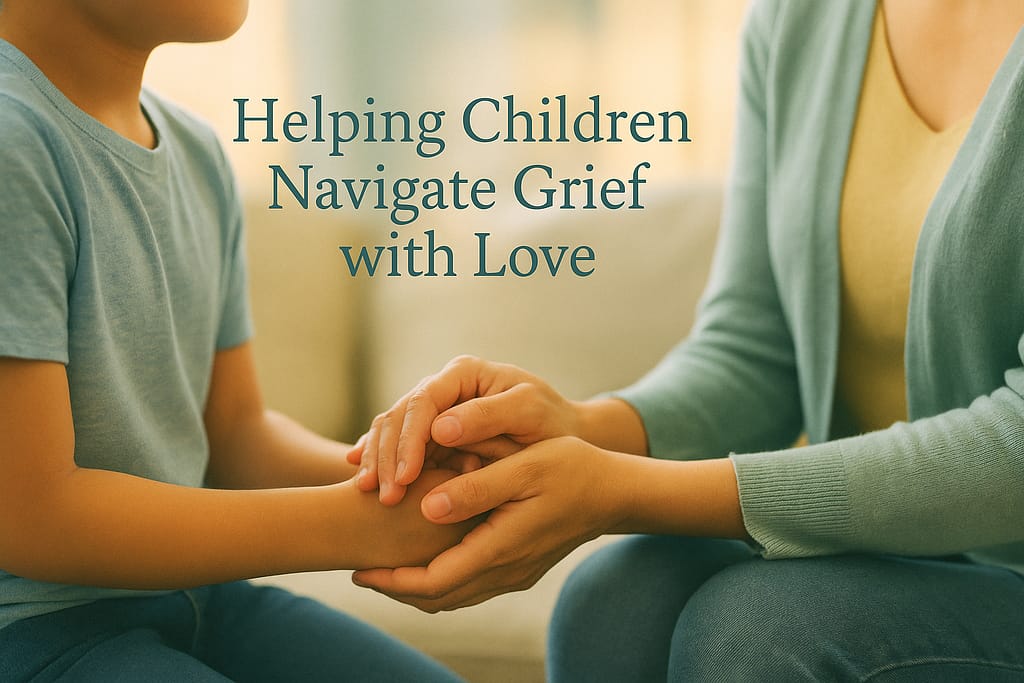 Parent supporting child through grief with gentle embrace, text overlay "Helping Children Navigate Grief with Love"
