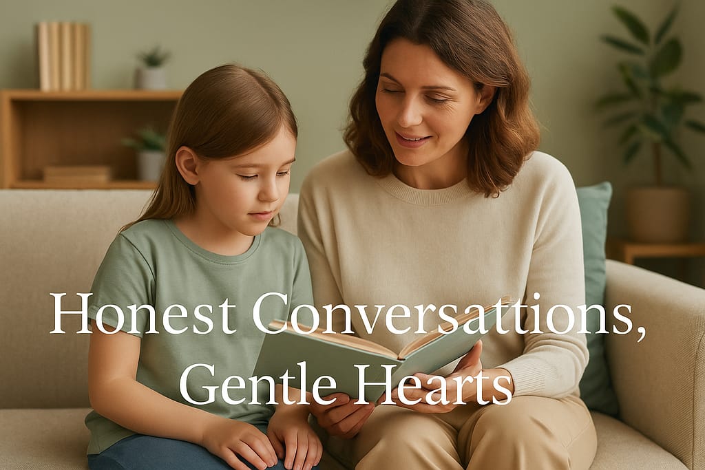 Parent and child in gentle conversation about loss, text "Honest Conversations, Gentle Hearts"