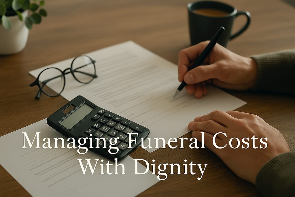 Funeral price list, calculator and reading glasses on a desk while a family member works out what a funeral will cost, with the overlay Managing Funeral Costs With Dignity