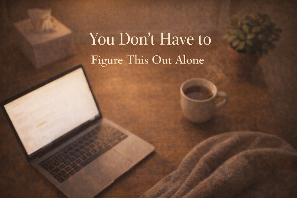 Warm overhead view of a laptop, tea, and tissue box on a wooden desk representing someone finding comfort through Solace AI grief support