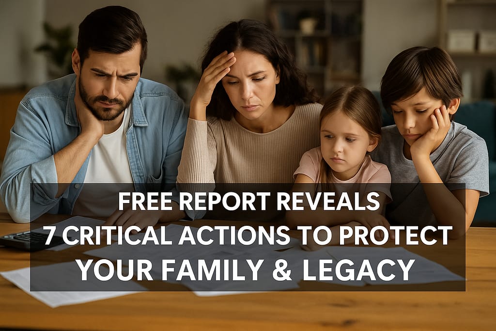 Family of four looking stressed over paperwork with bold overlay text: Free Report Reveals 7 Critical Actions to Protect Your Family & Legacy