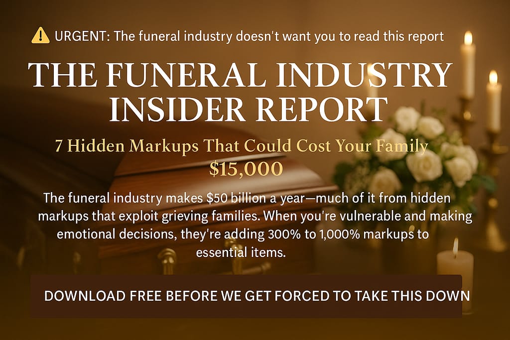 Hero image showing a casket with overlay saying Funeral Industry Insider Report, explaining how to save money during funerals and times of deep grief