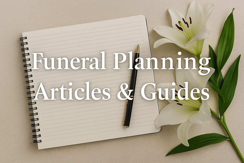 Banner for Funeral Planning Articles & Guides featuring open notebook, pen, and white lilies on a neutral background.
