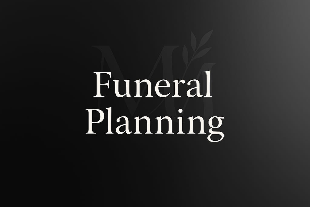 Funeral Planning banner with Memorial Merits MM logo watermark on a dark gradient background.