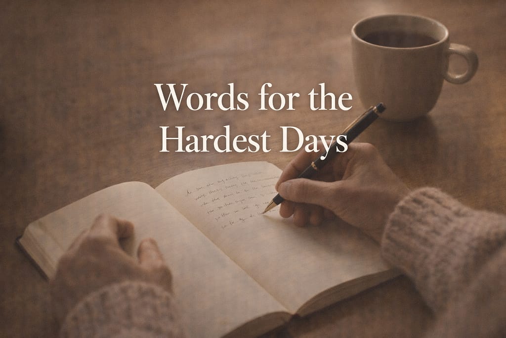 Close-up of hands writing grief affirmations in a journal with tea nearby, representing the daily practice of self-compassion during bereavement
