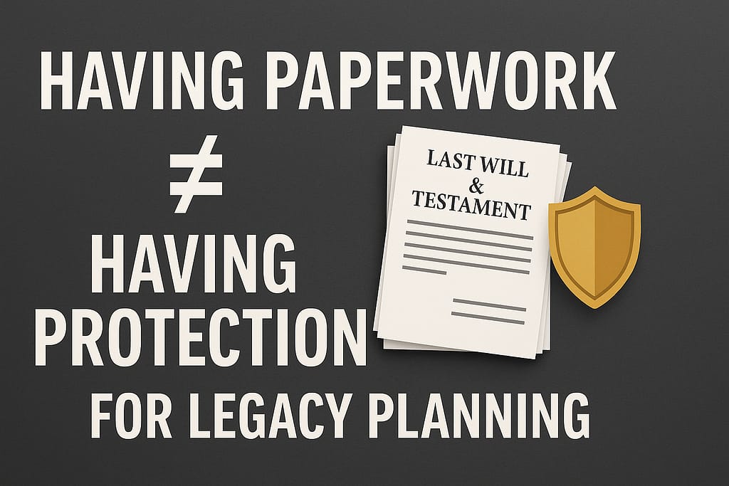 Stack of legal paperwork labeled Last Will & Testament next to a gold shield with the words “Having Paperwork ≠ Having Protection for Legacy Planning