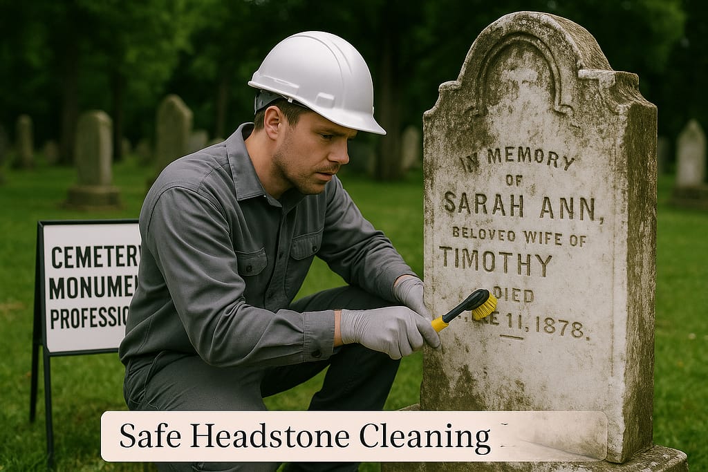 Professional headstone restoration expert carefully cleaning and restoring historic cemetery monument using specialized equipment and preservation techniques