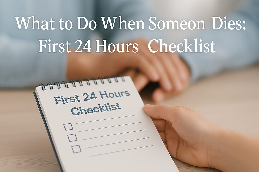 Compassionate checklist guide showing immediate steps to take within first 24 hours after someone dies