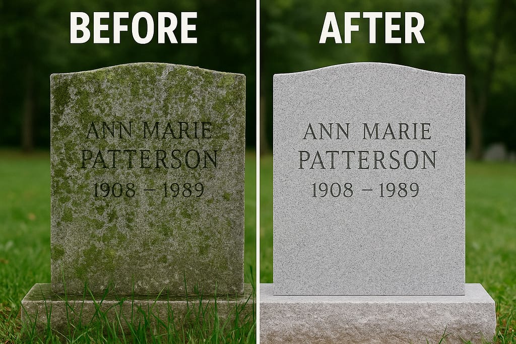 Before and after comparison of headstone cleaning showing dramatic transformation from algae-covered illegible memorial to beautifully restored readable inscription using safe cleaning methods
