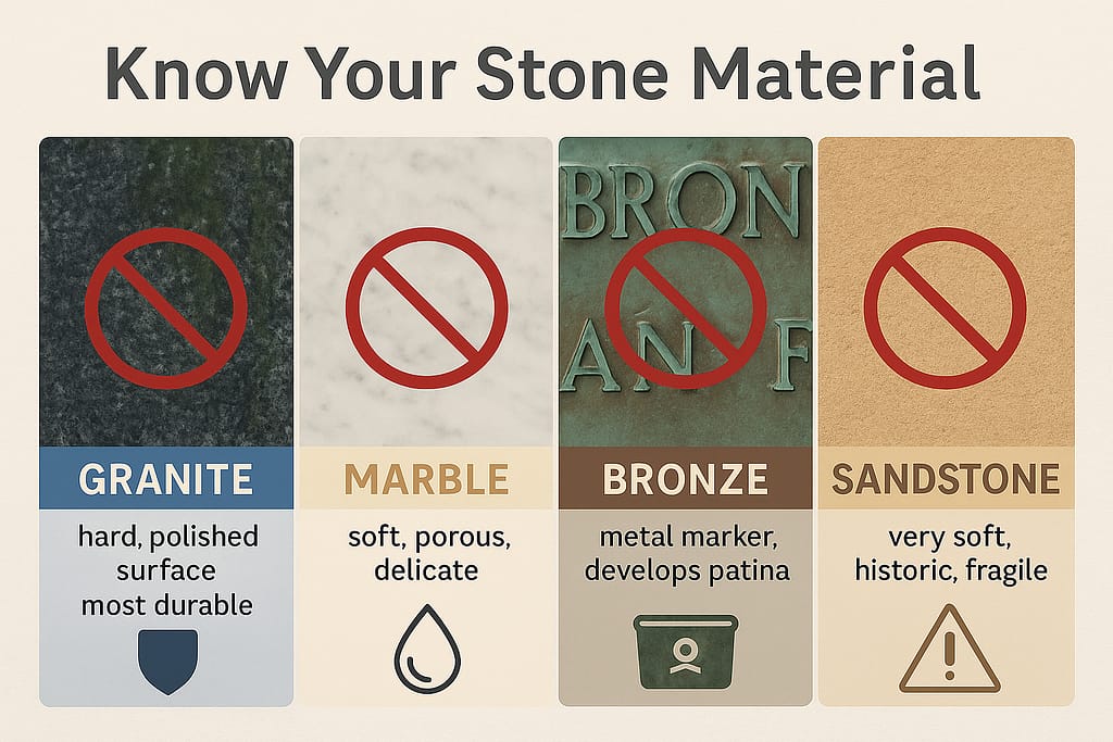 Headstone material identification guide showing granite, marble, bronze and sandstone close-ups with characteristics to help identify stone type before cleaning