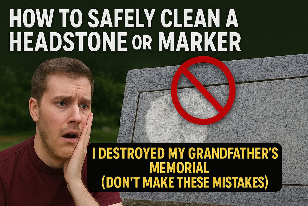 Man shocked and distressed after destroying grandfather's granite headstone memorial with wrong cleaning methods, showing damaged stone with prohibition symbol warning against unsafe headstone cleaning