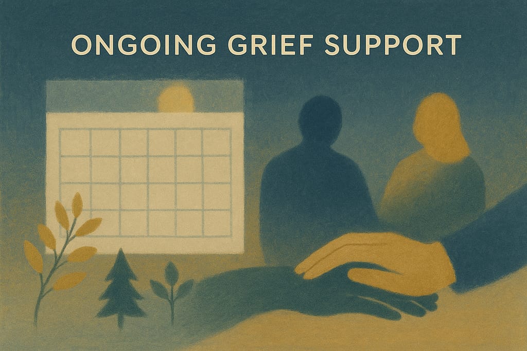 Visual representation of long-term grief support showing importance of consistent presence months and years after loss, not just immediately after death
