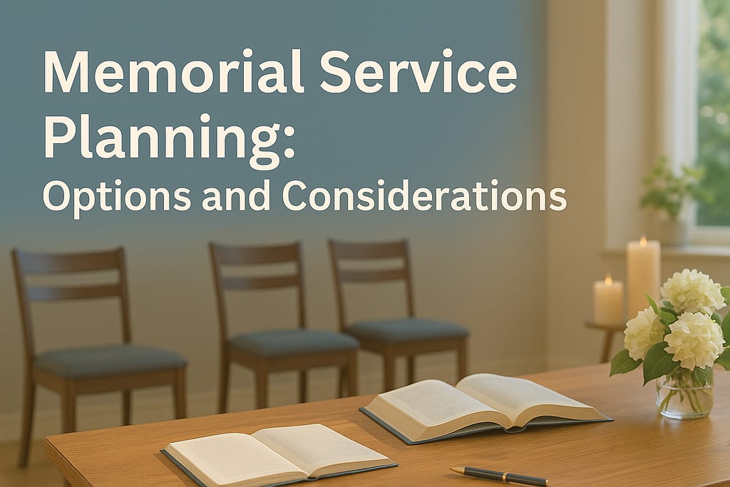 Peaceful memorial service setting with thoughtful arrangement suggesting meaningful gathering and remembrance