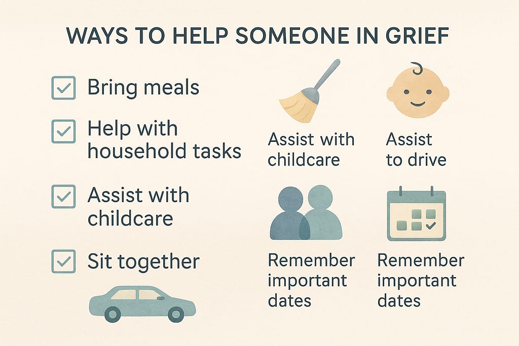 Visual checklist of practical ways to help grieving people including meals, household tasks, childcare, transportation, and ongoing presence