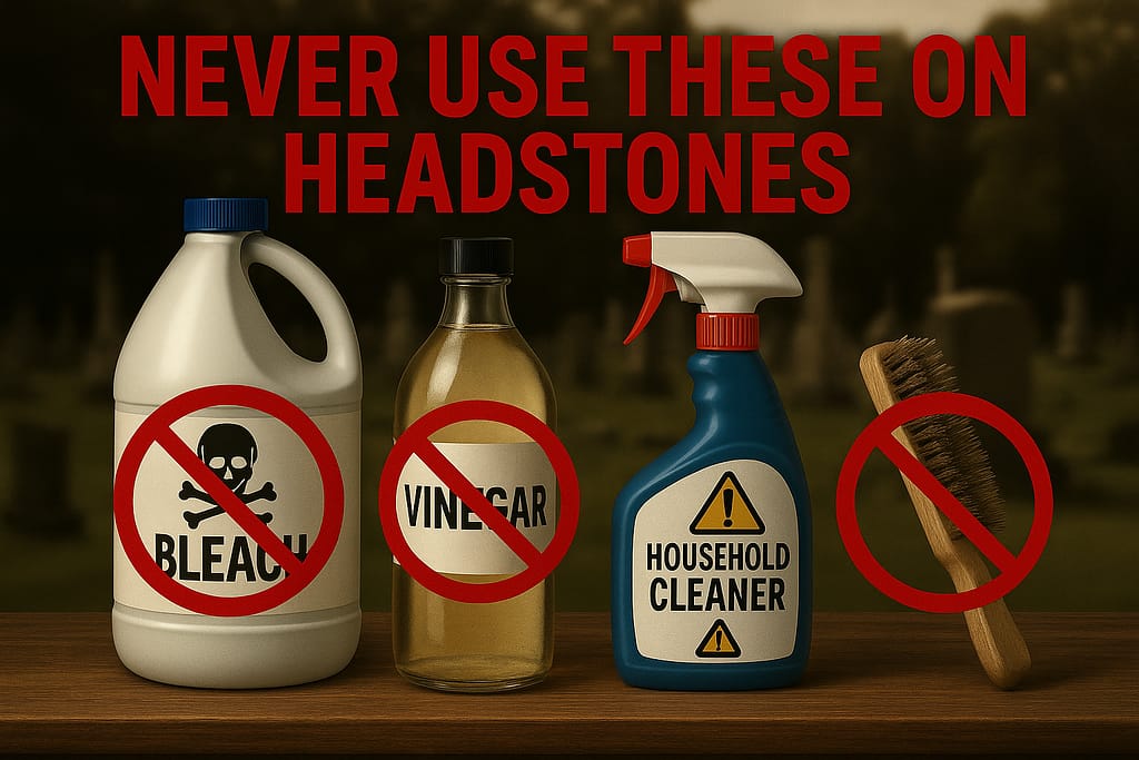 Warning image showing bleach, vinegar, wire brush and harsh cleaners with red X symbols - products that permanently damage and destroy headstones and grave markers