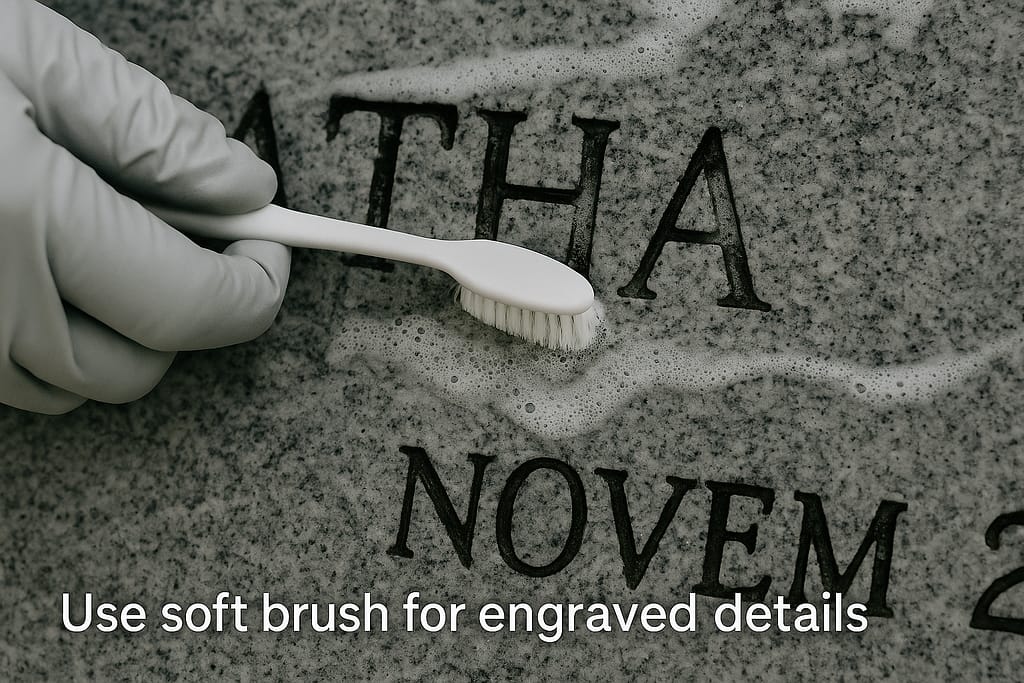 Close-up of hand using soft toothbrush to gently clean engraved letters and inscription details on headstone with soapy water showing proper technique