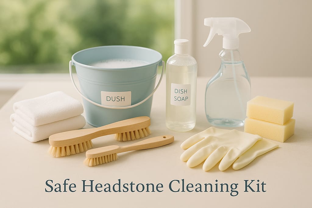 Safe headstone cleaning supplies including soft natural bristle brushes, mild dish soap, clean water buckets, microfiber cloths for gentle memorial marker maintenance