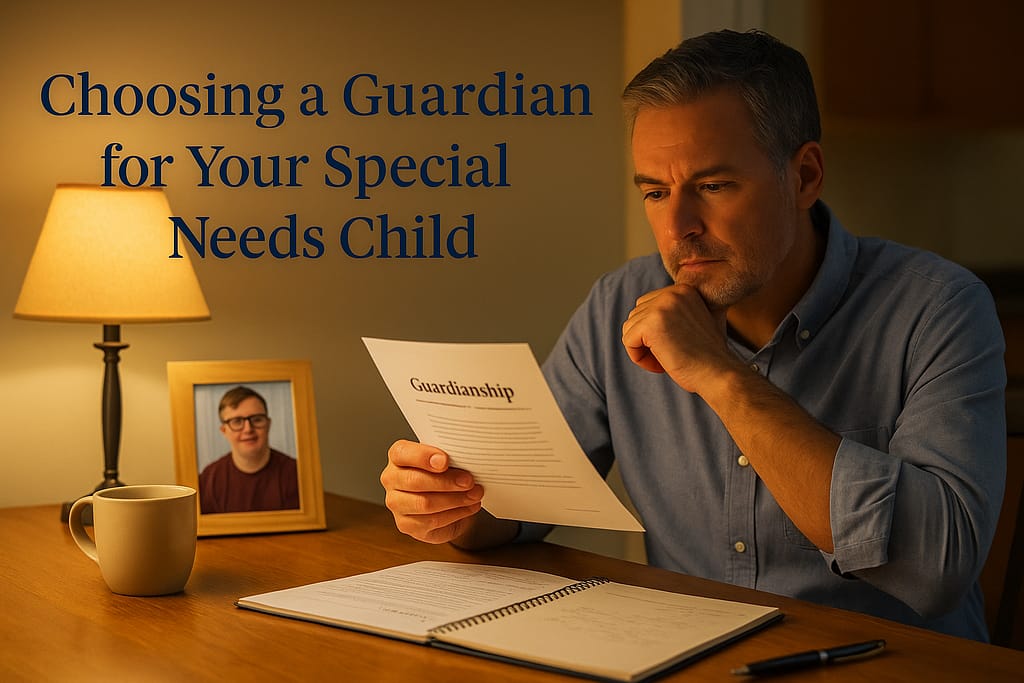 Parent reviewing guardianship documents while looking at photo of adult child with special needs